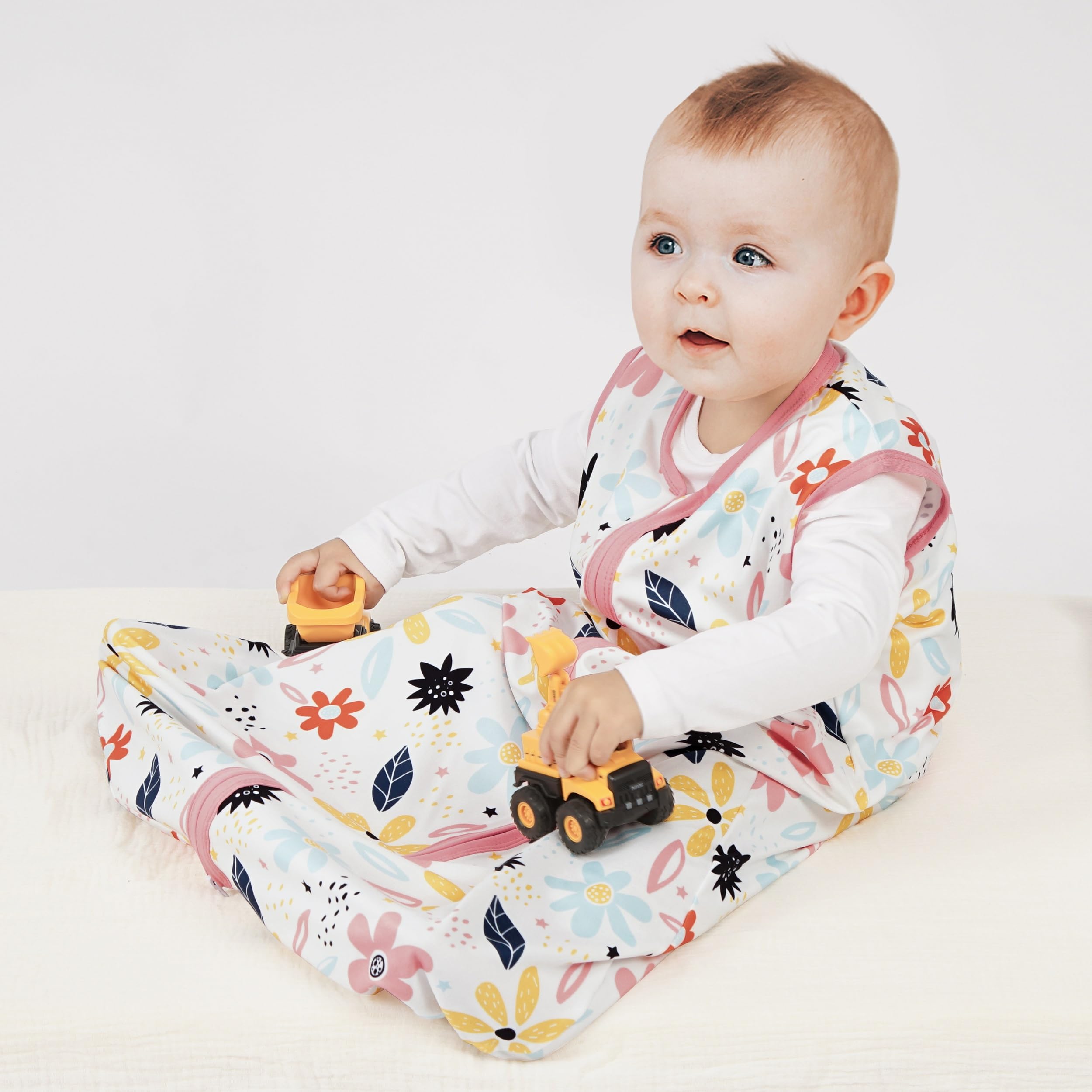 BSTOPPT sleep sack highlighting generous arm, neck, and leg openings for comfy movement.