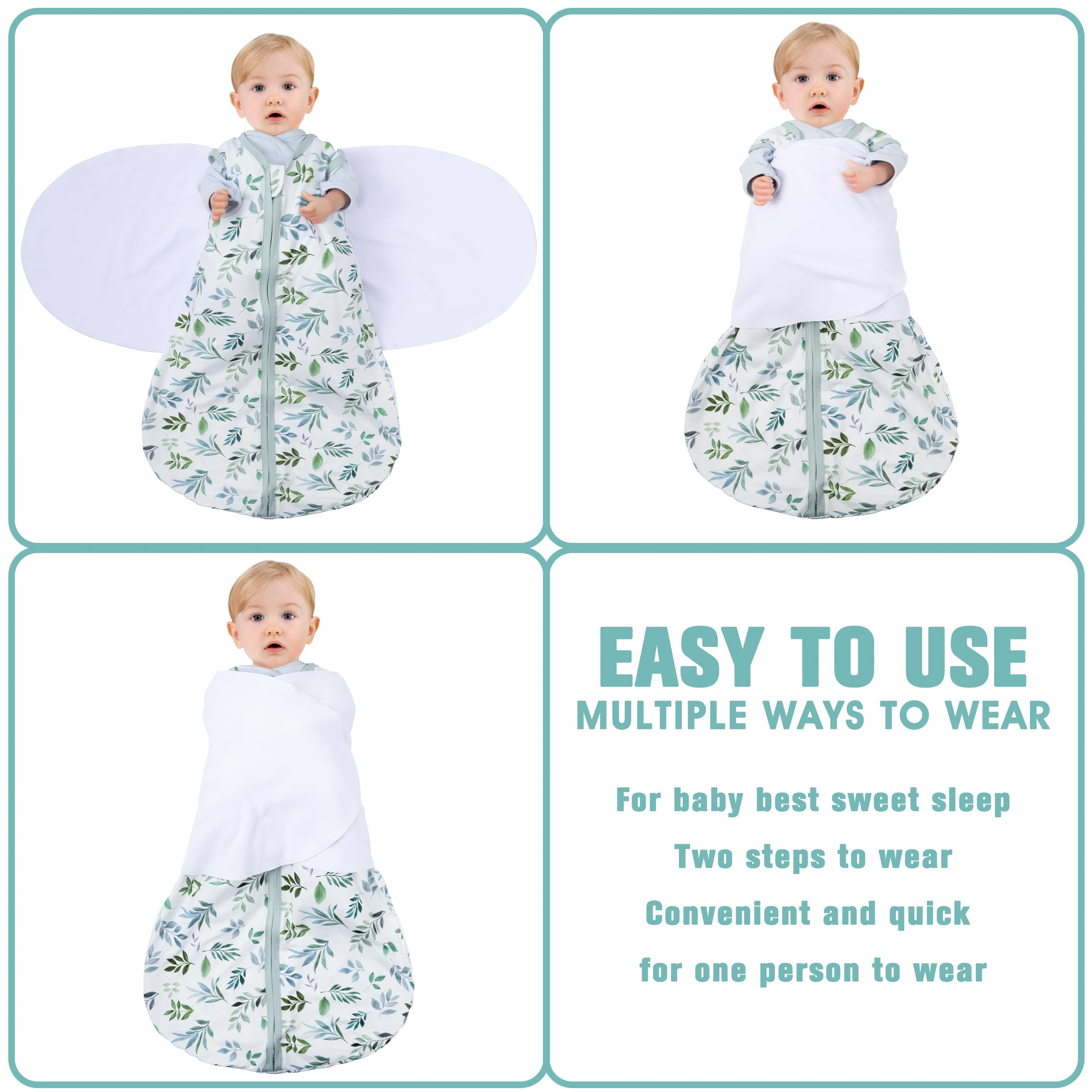 BSTOPT three-way swaddle demonstrates arm-in, arm-out configurations for self-soothing.