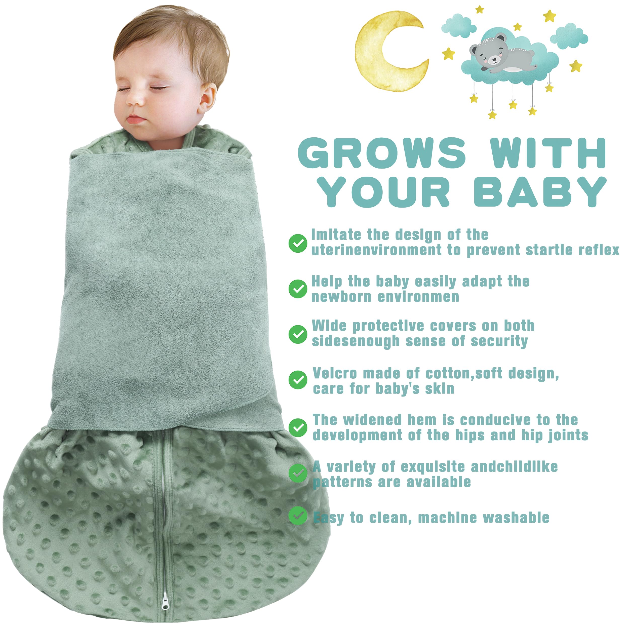 BSTOPT three-way swaddle wings enable arm-in, arm-out, or transition for flexible sleep.