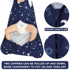 BSTOPT wearable blanket showing a 2-way zipper for quick diaper changes.