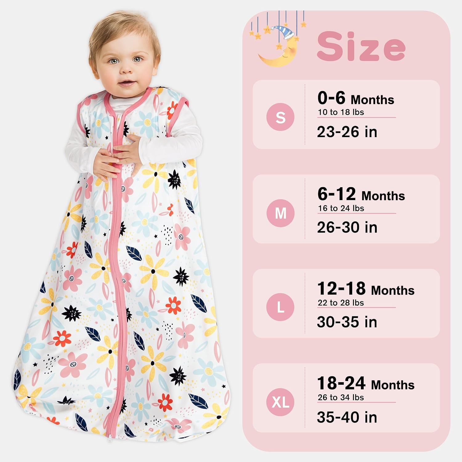 BSTOPTPT sleep sack available in sizes 0-24 months for growing babies.