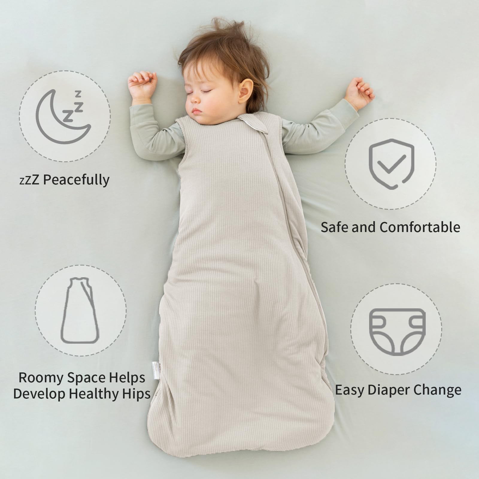 BubblePanda bamboo sleep sack roomy-legs demonstrates frog-leg sleeping and growth-friendly design.