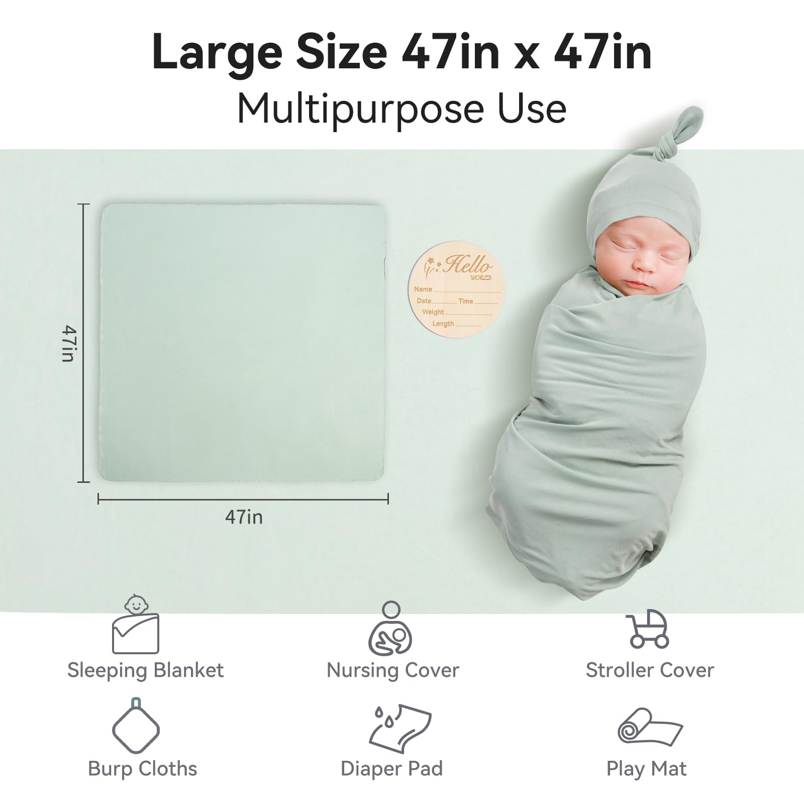 BubblePanda rayon bamboo swaddle blanket, generous 47x47 inches for flexible swaddling.