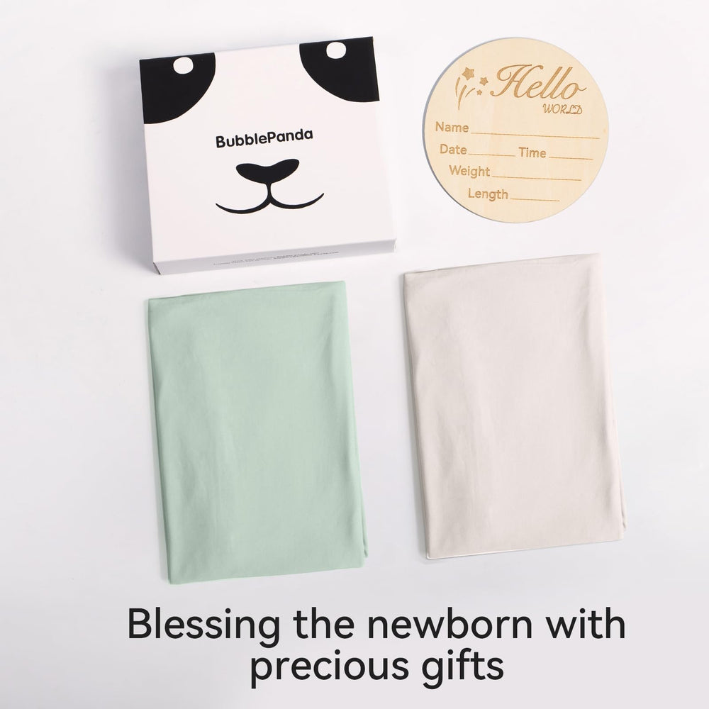 BubblePanda newborn gift-ready swaddle in sage and oat, soft and durable.