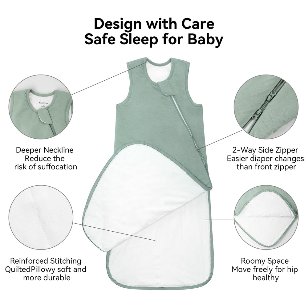BubblePanda sleep sack shows safety-conscious narrow neckline and face protector.