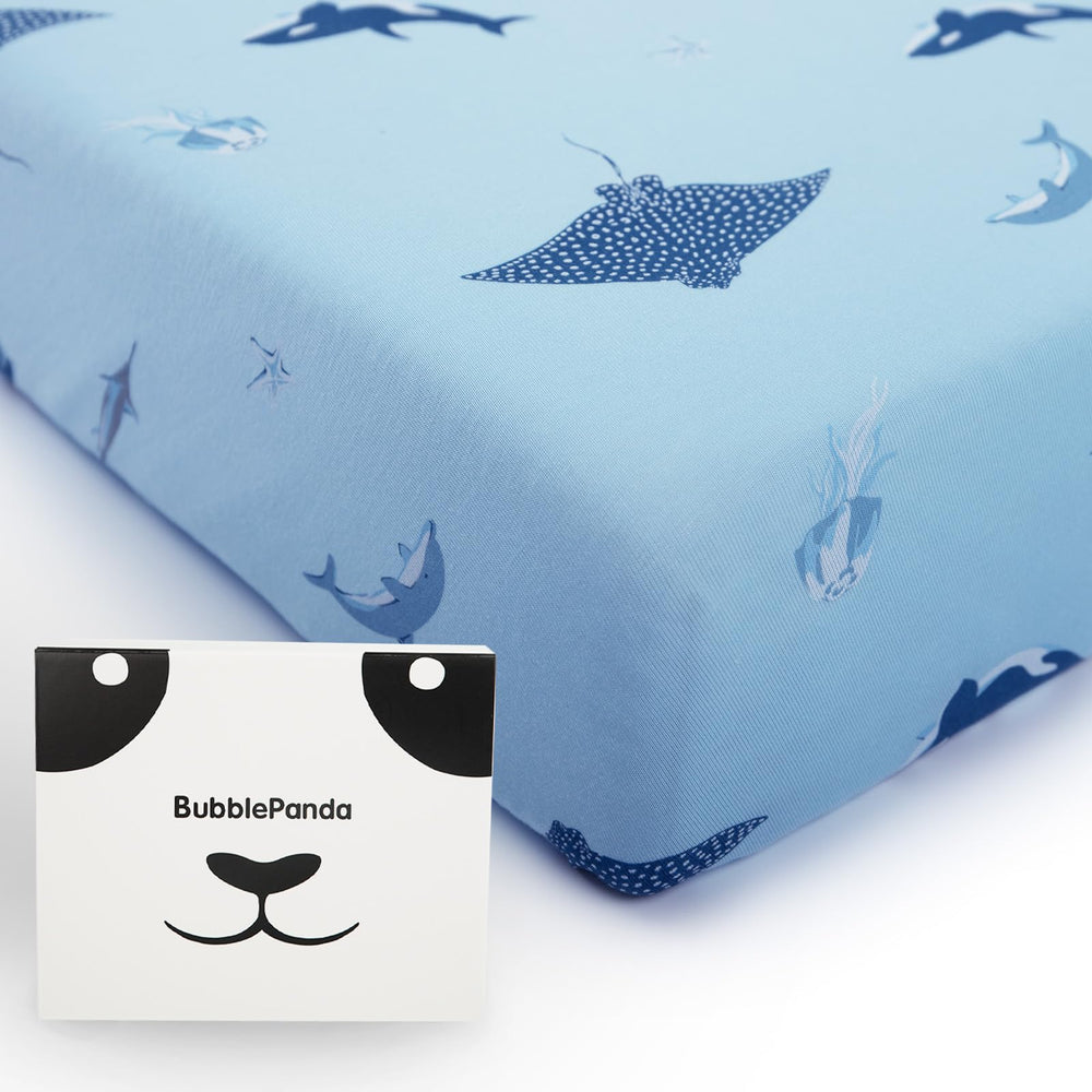 BubblePanda shark pattern crib sheet delivers soft, breathable comfort for babies.