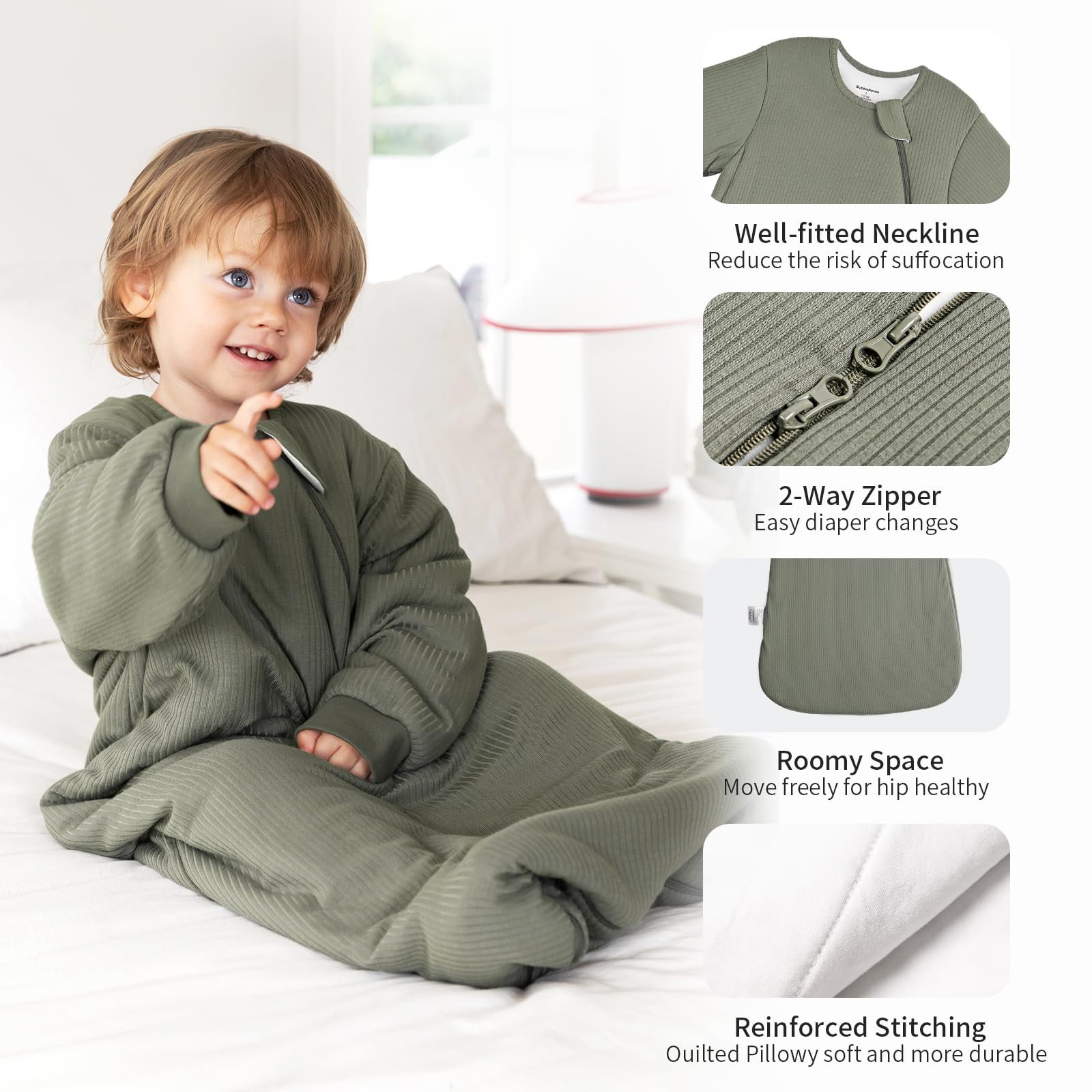 BubblePanda sleep sack highlighting a 2-way zipper for easy changes at night.