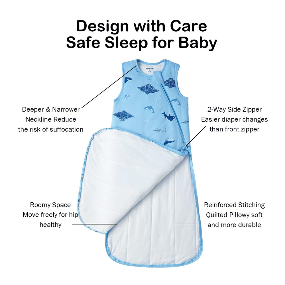 BubblePanda sleep sack features deeper neckline to reduce loose fabric near the face.