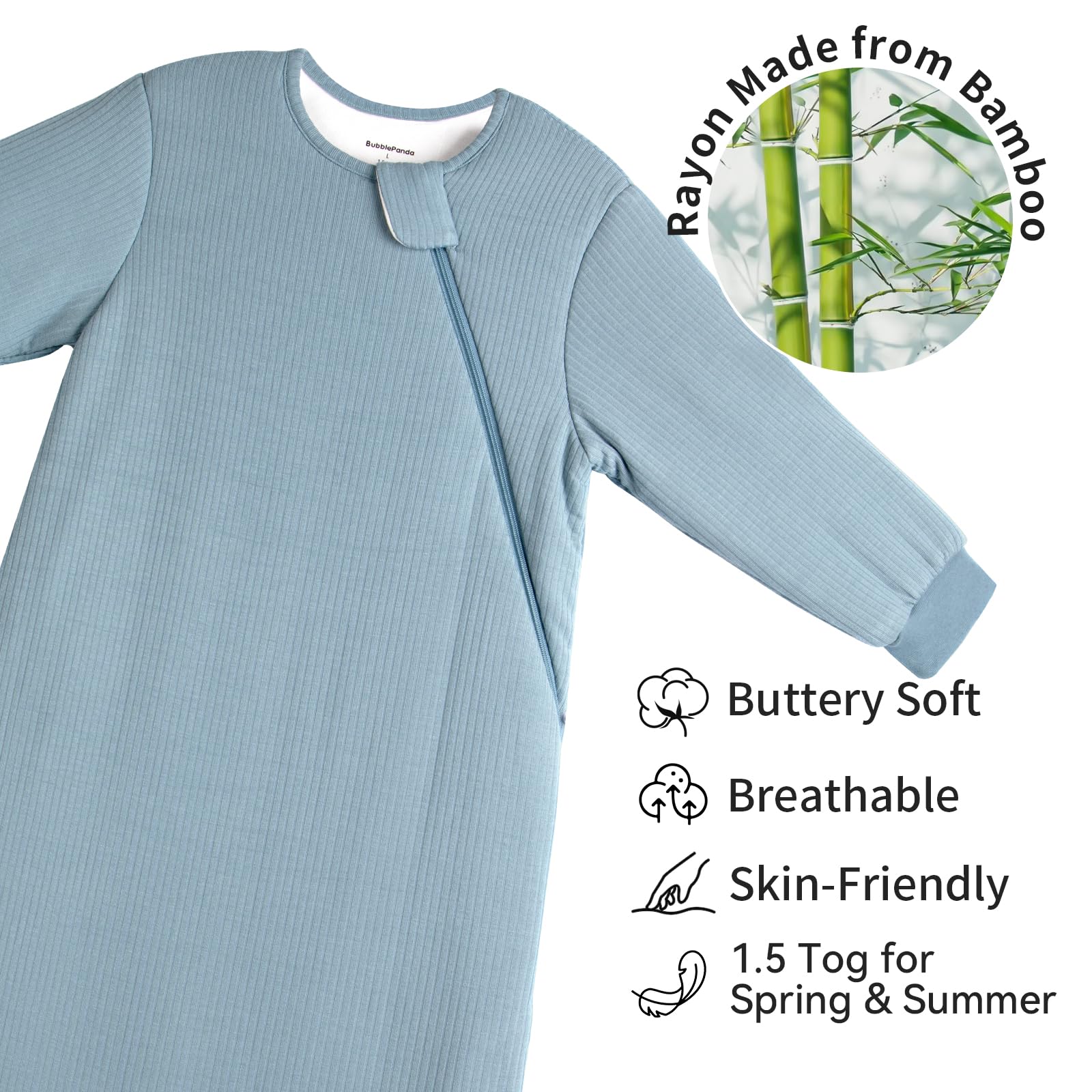 BubblePanda sleep sack showing 2-way zipper for easy diaper changes