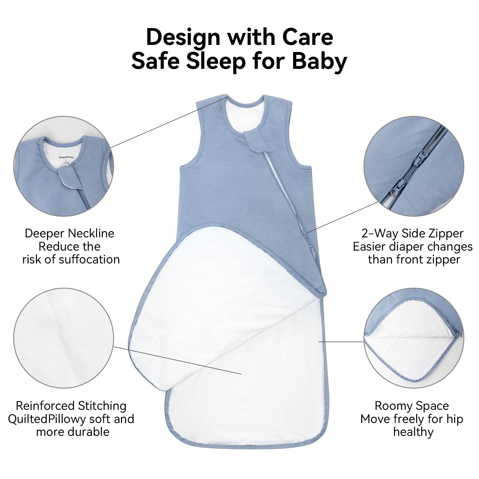 BubblePanda sleep sack wide neckline reduces friction and helps with safe dressing.