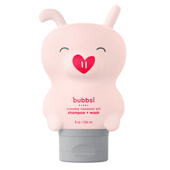 Bubbsi creamy coconut oil baby shampoo bottle for gentle cleansing of skin and hair.