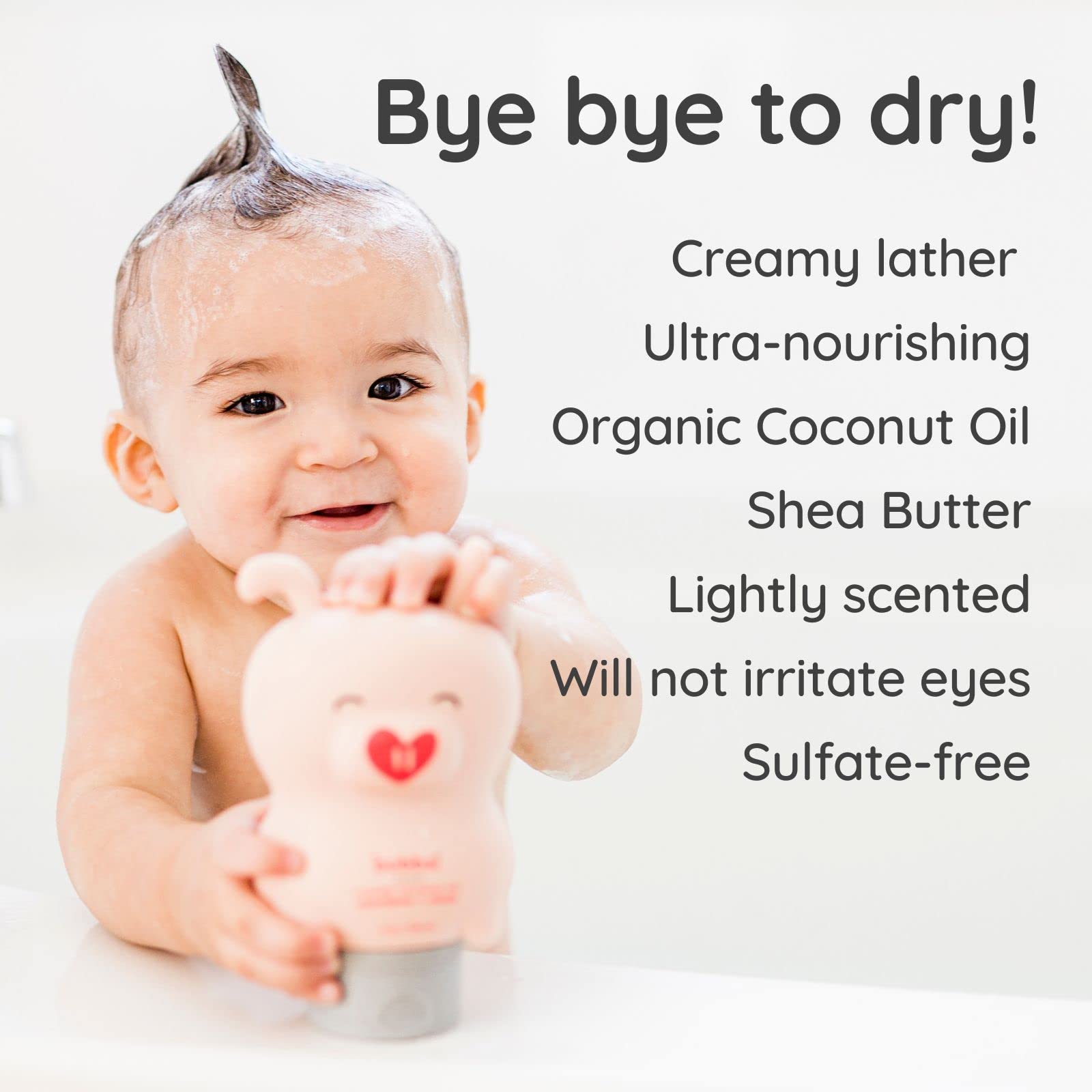 Bubbsi creamy coconut oil baby shampoo close-up shows nourishing, gentle cleansing.