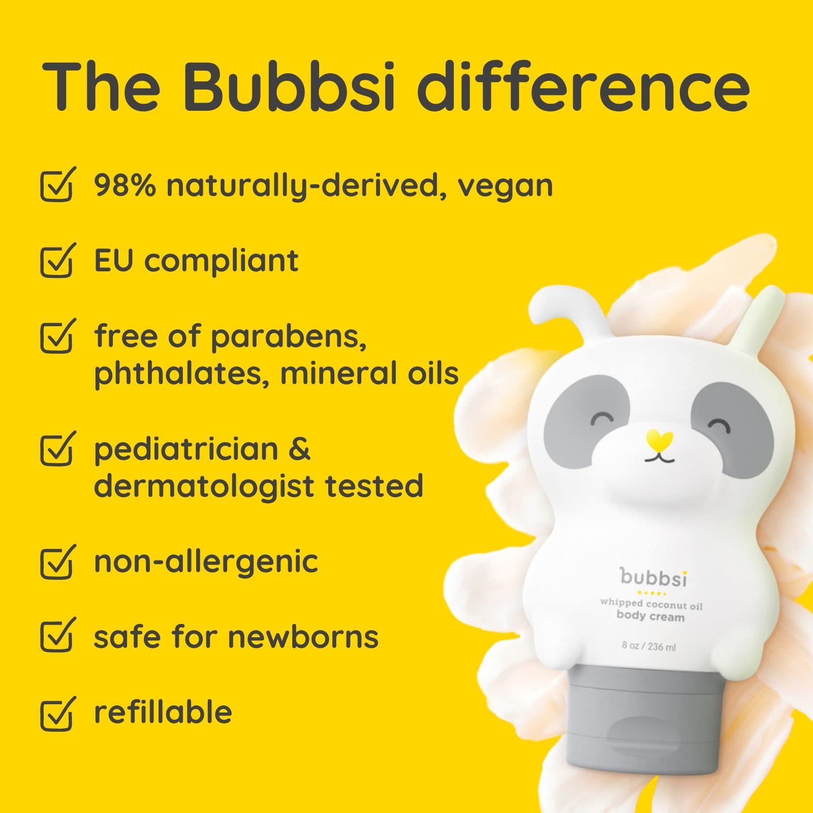 Bubbsi lotion being squeezed with a light coconut vanilla scent in the air