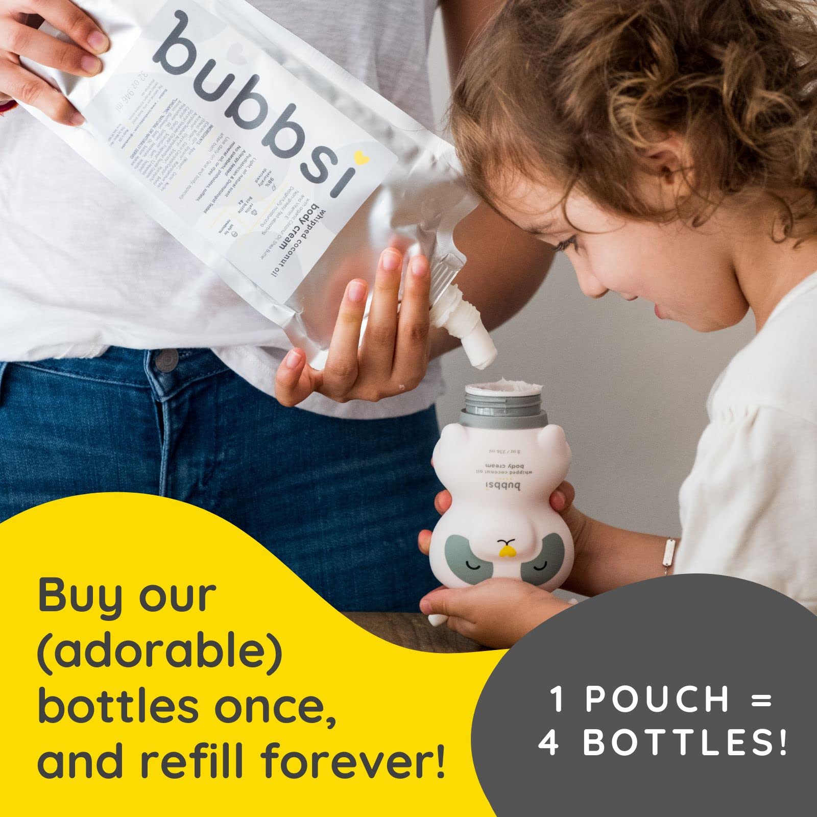 Bubbsi refillable animal bottle with pouch system for eco-friendly skincare