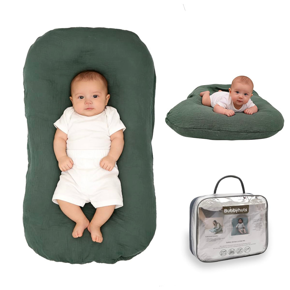 Bubbyhuts baby lounger in moss for cozy newborn naps
