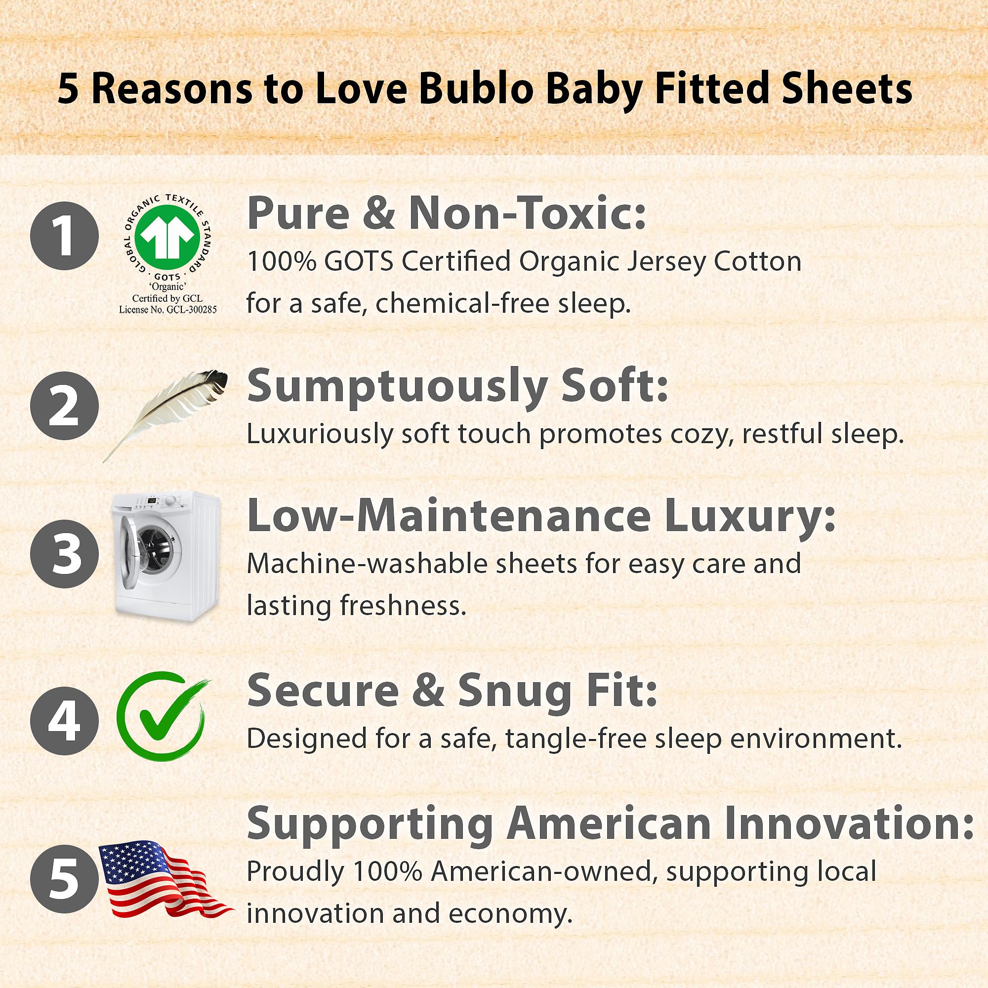 Elastic-edged Bublo Baby sheet fits securely around the bassinet mattress.