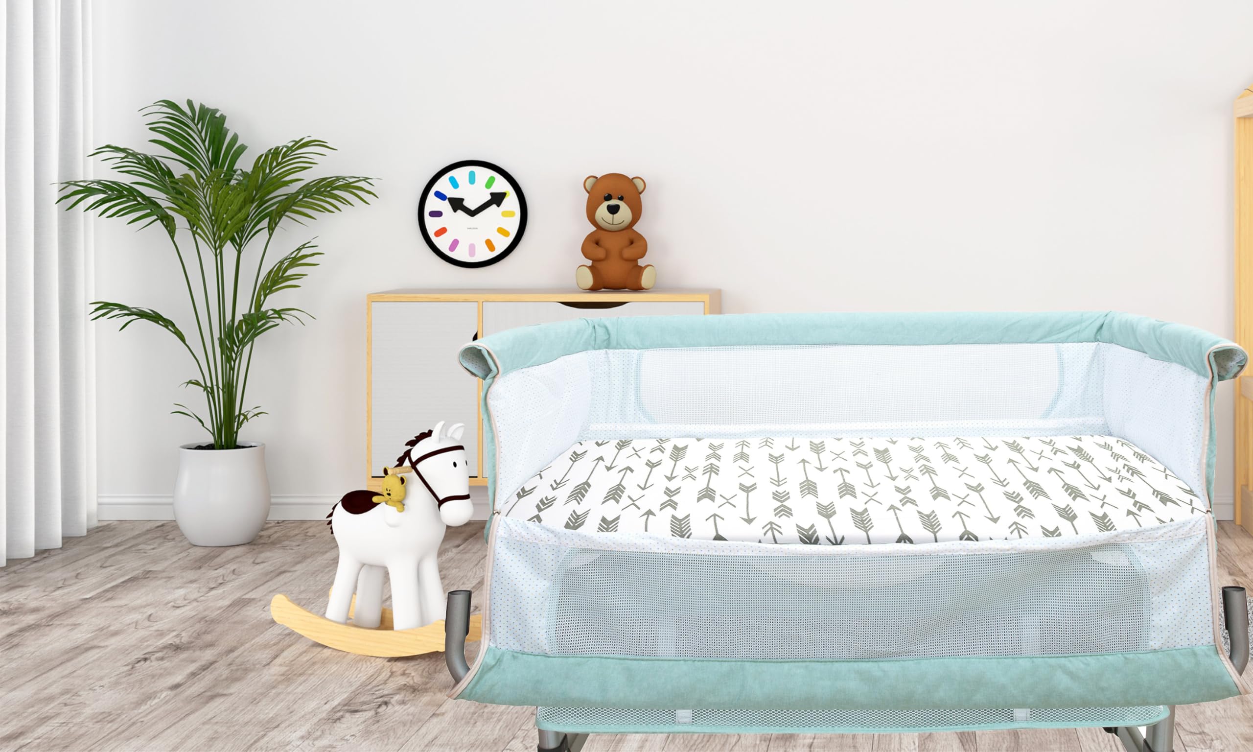 Neutral Bublo Baby patterns blend with nursery décor and assist quick changes.