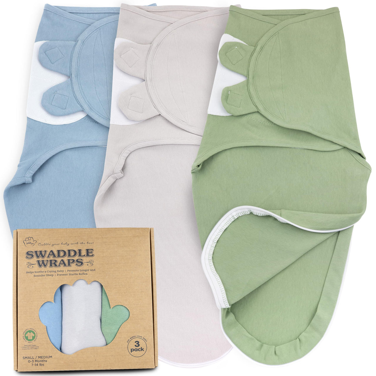 Bublo Baby organic swaddles in light green and blue, cozy wrap for calm sleep