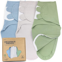 Bublo Baby organic swaddles in light green and blue, cozy wrap for calm sleep