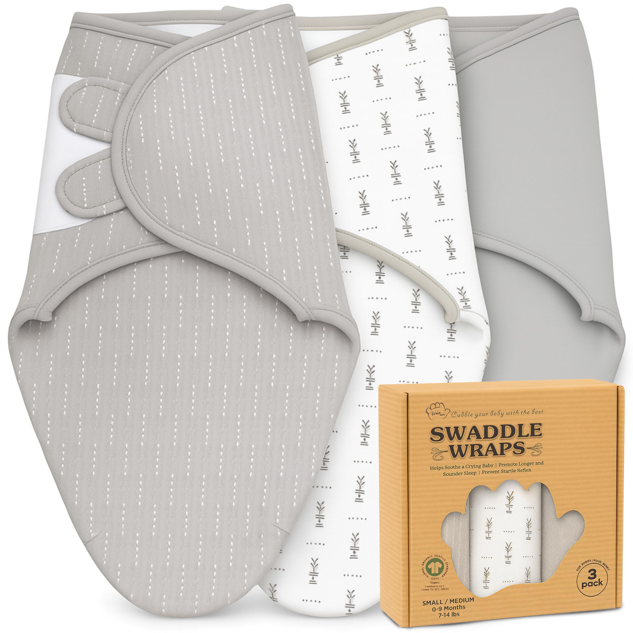Bublo Baby organic cotton swaddle blanket in grey, folded for display, breathable newborn comfort.