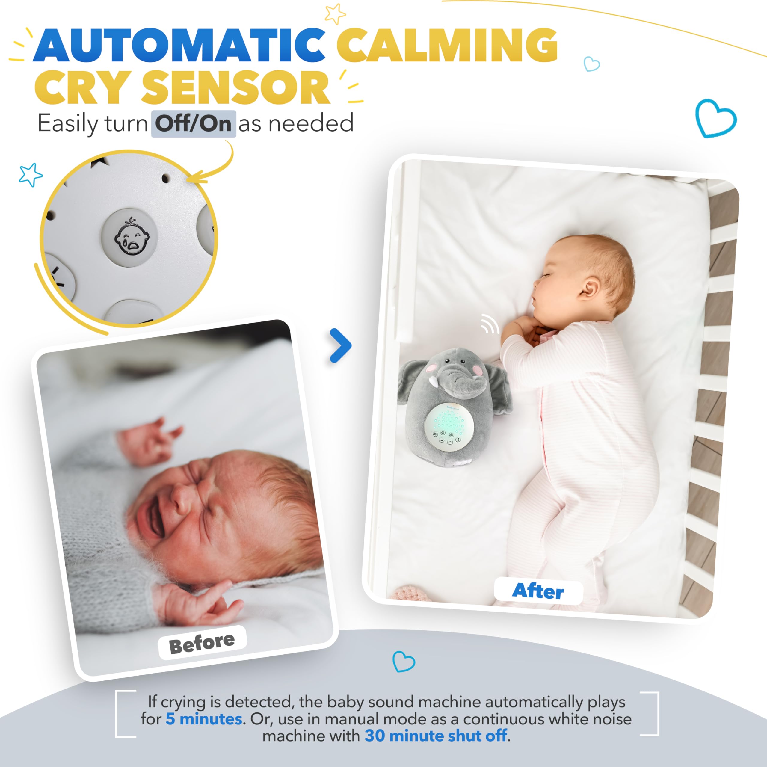 Bubzi Co cry-activated sleep aid detects crying and plays calming sounds.