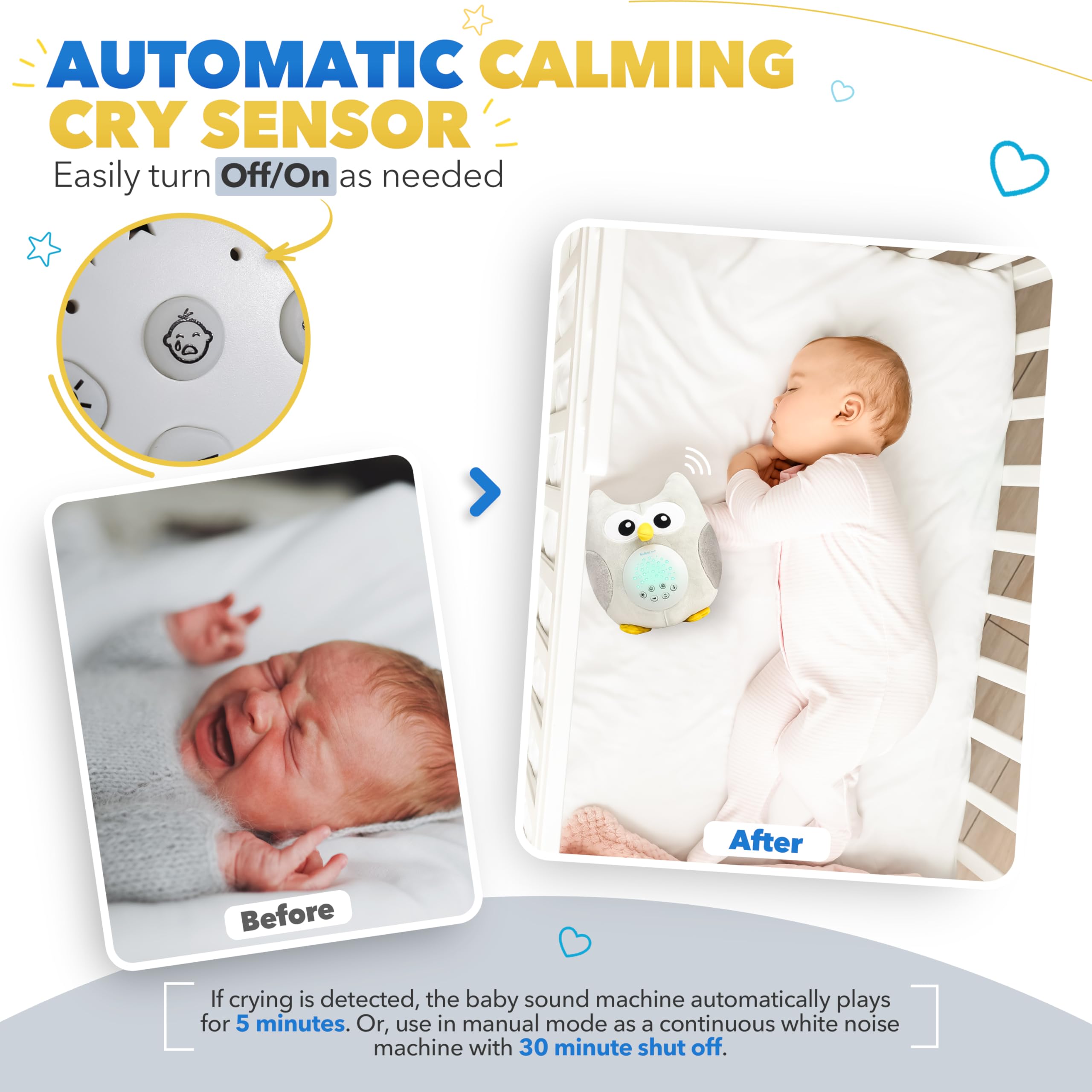 Bubzi Co cry-activated mode helps comfort newborns when crying is detected.
