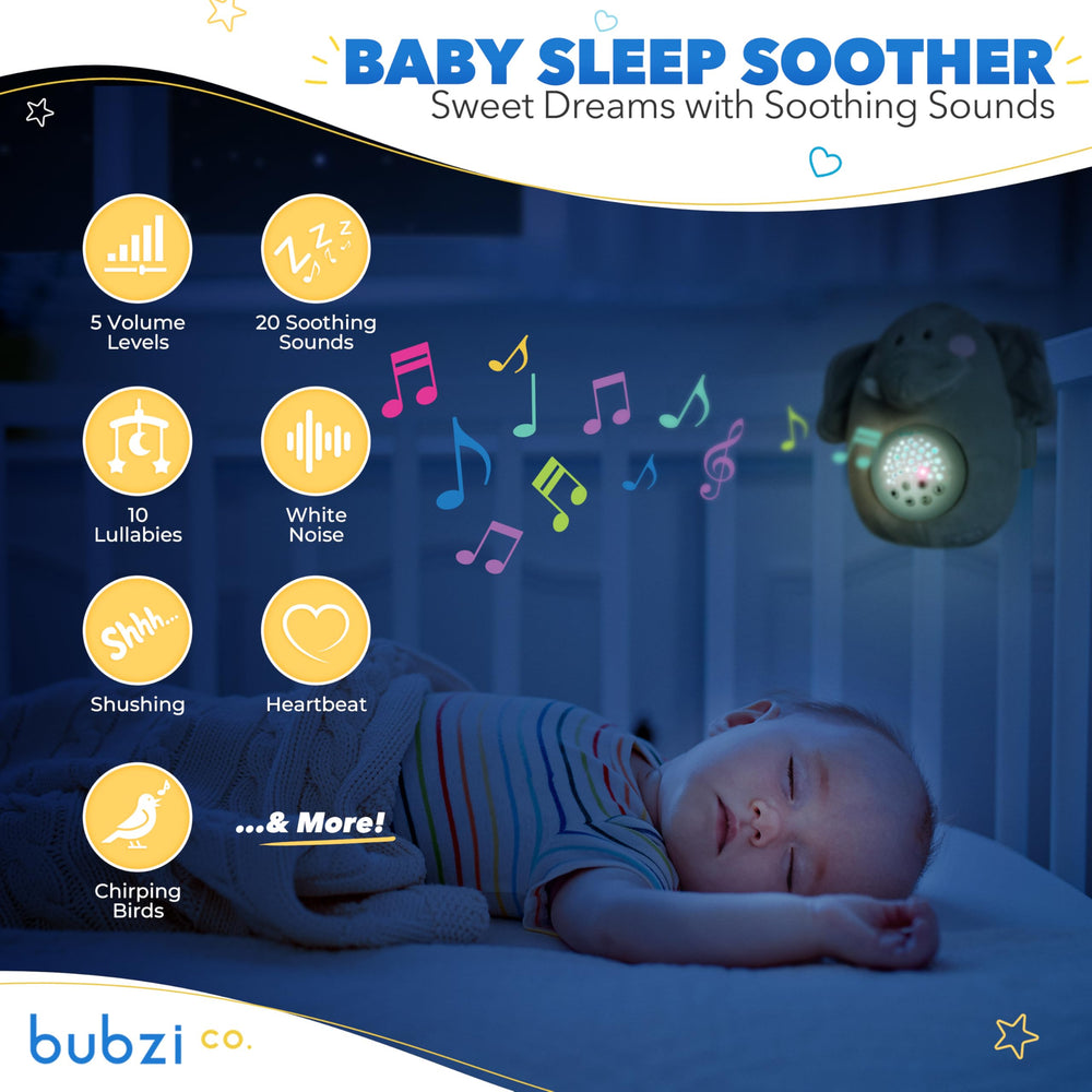 Bubzi Co elephant night light projector casting soothing galaxy shapes for naps.
