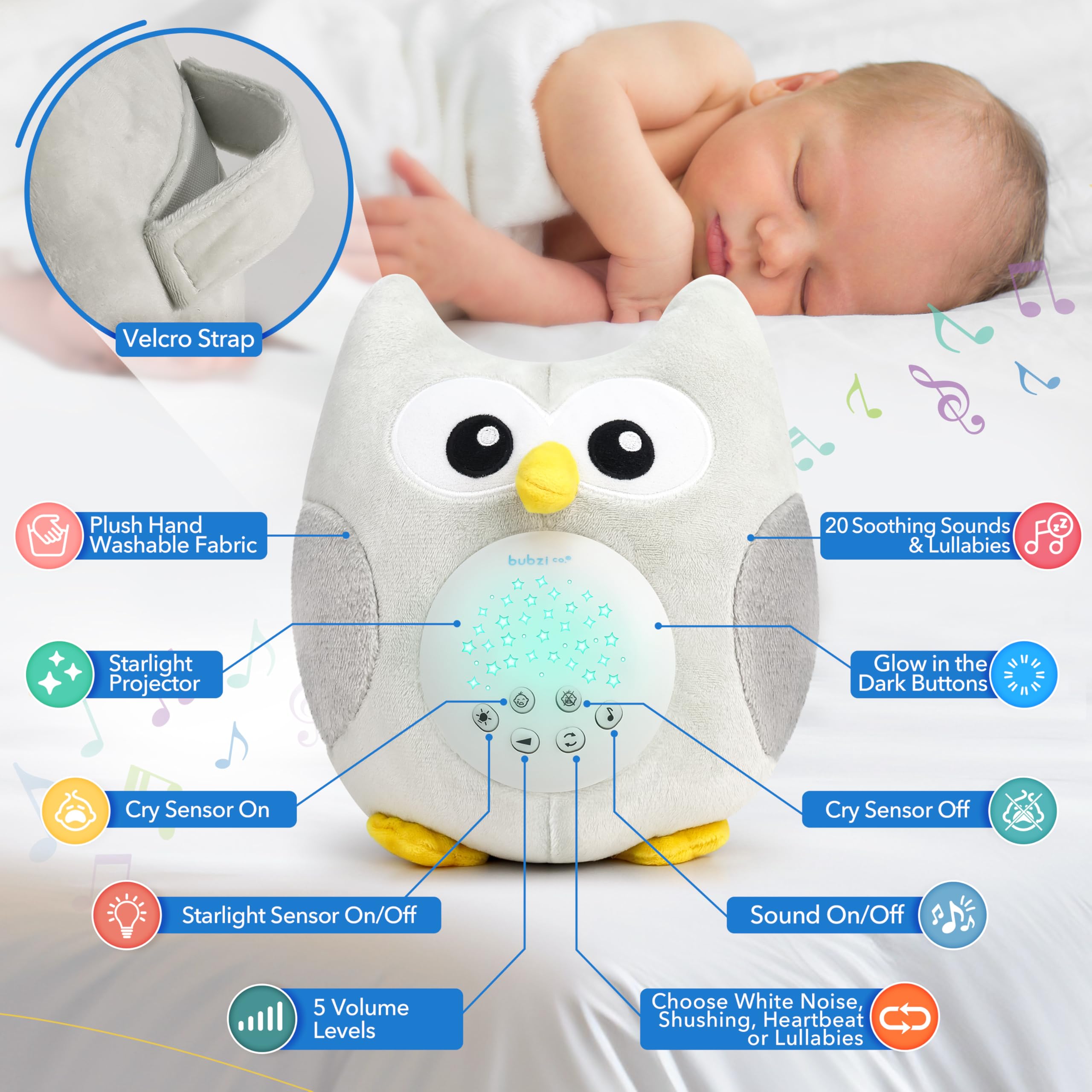 Bubzi Co lullabies and white noise create a calming sleep environment.