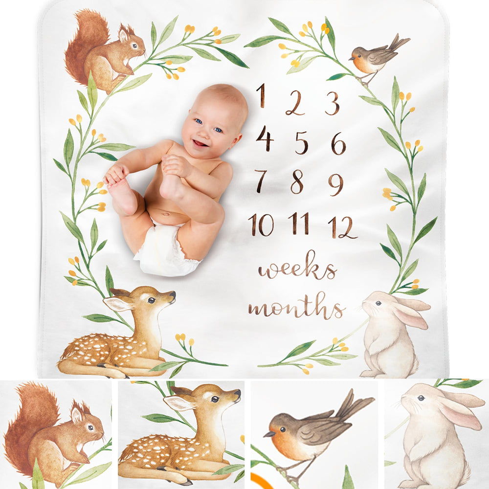 Bubzi Co monthly milestone blanket with woodland design for photo moments and growth memories