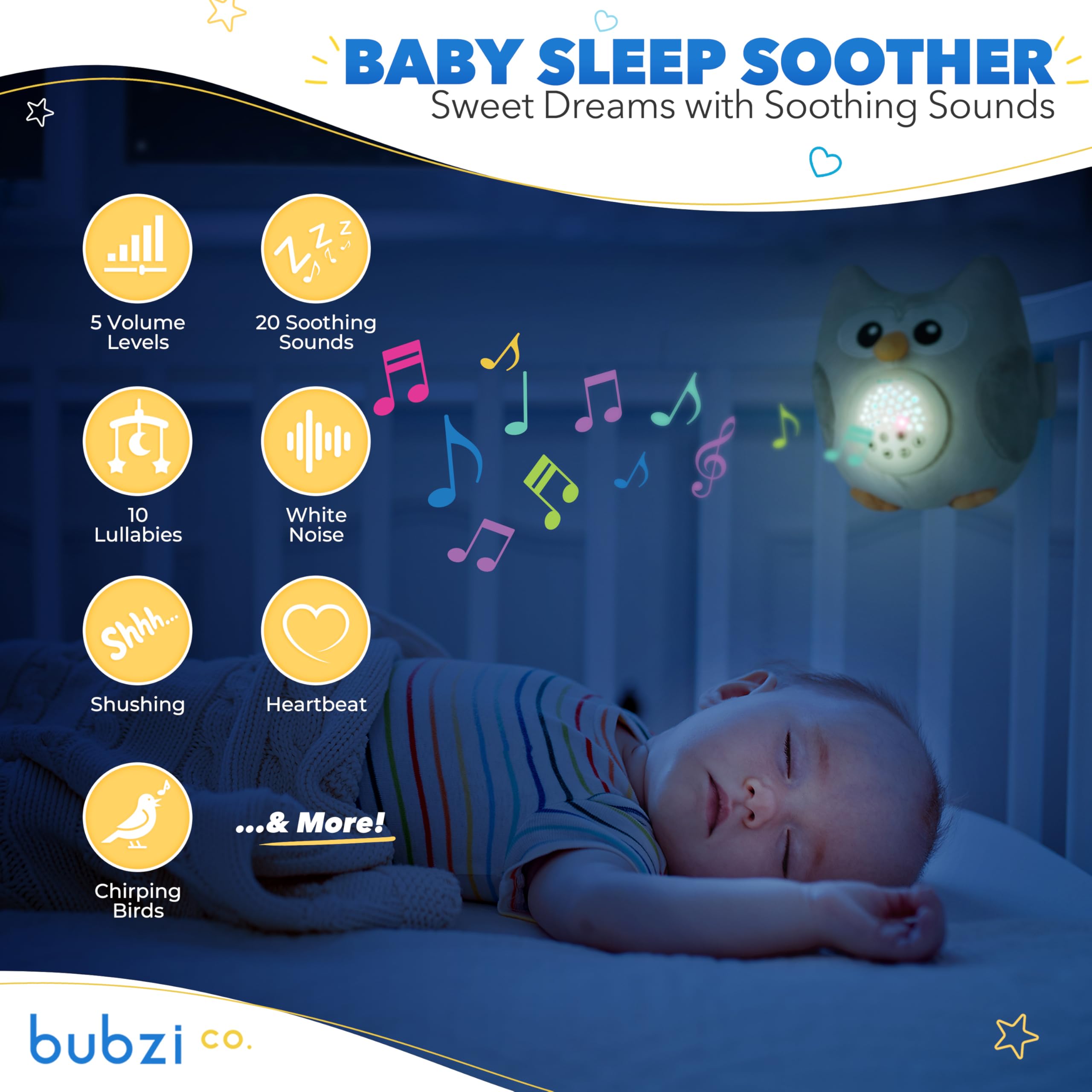 Bubzi Co portable owl soother for on-the-go babies during car rides and stroller walks.