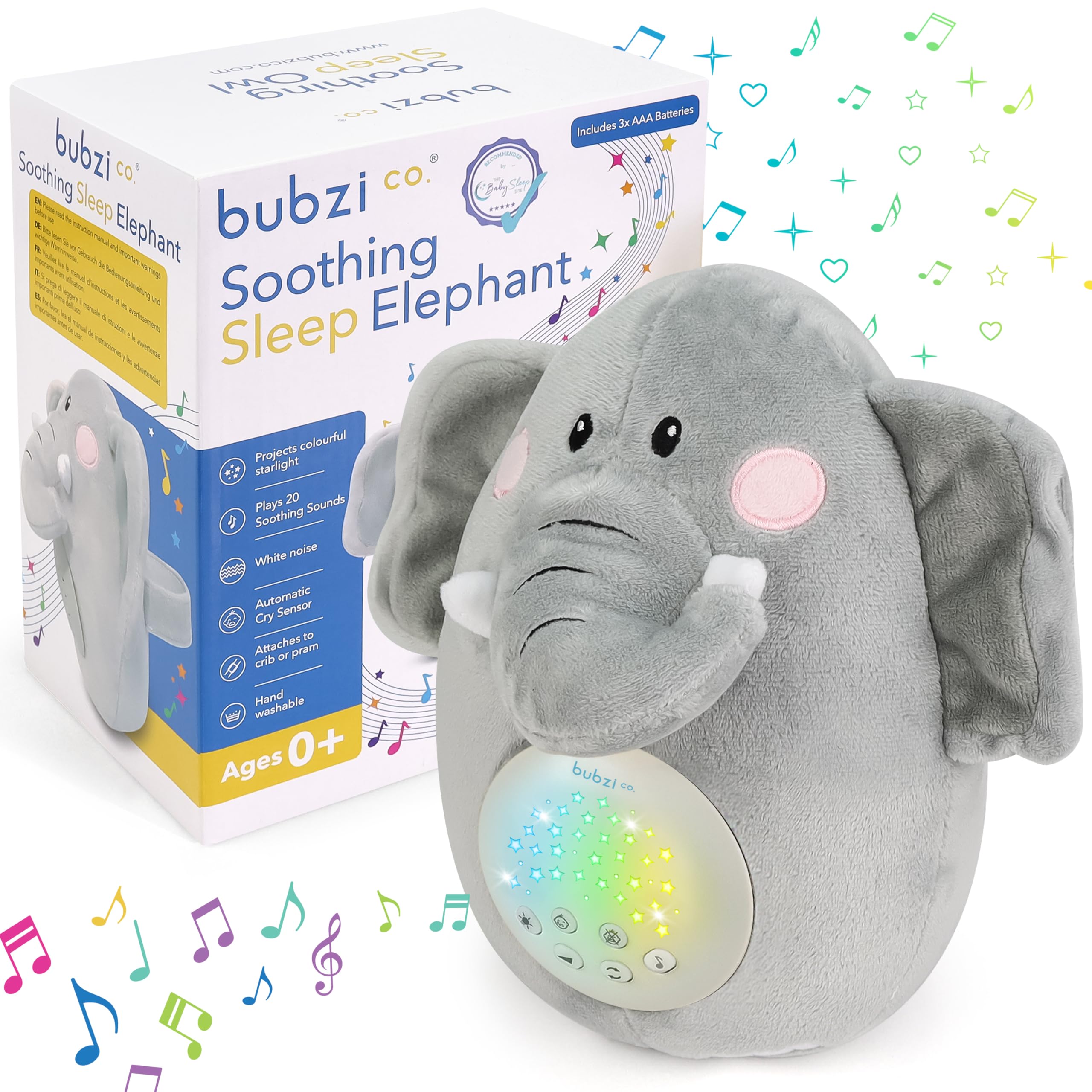 Bubzi Co sound machine elephant soother with soft lights to help calm your baby.