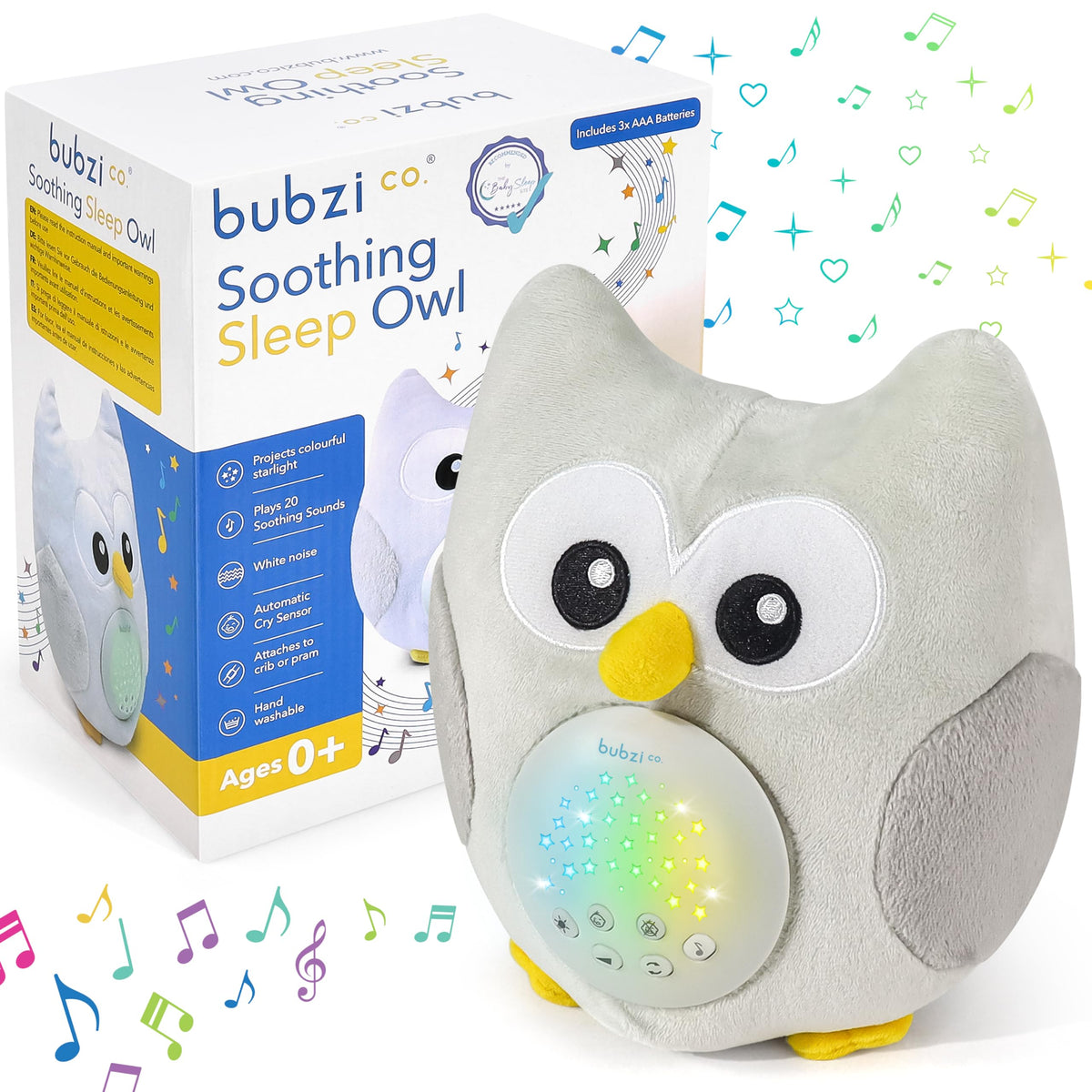 Bubzi Co sound machine with owl projection and night light for soothing bedtime routines.