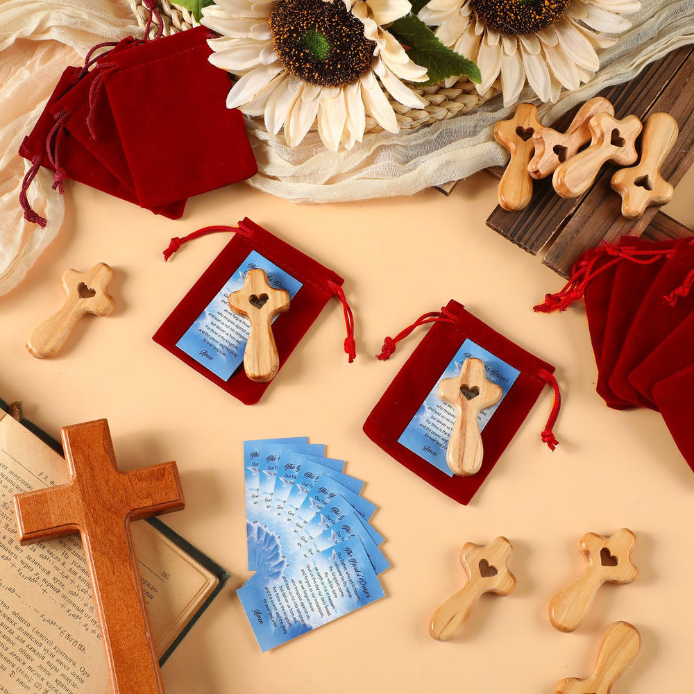 Bucherry prayer card set beside olive wood cross for daily reflection