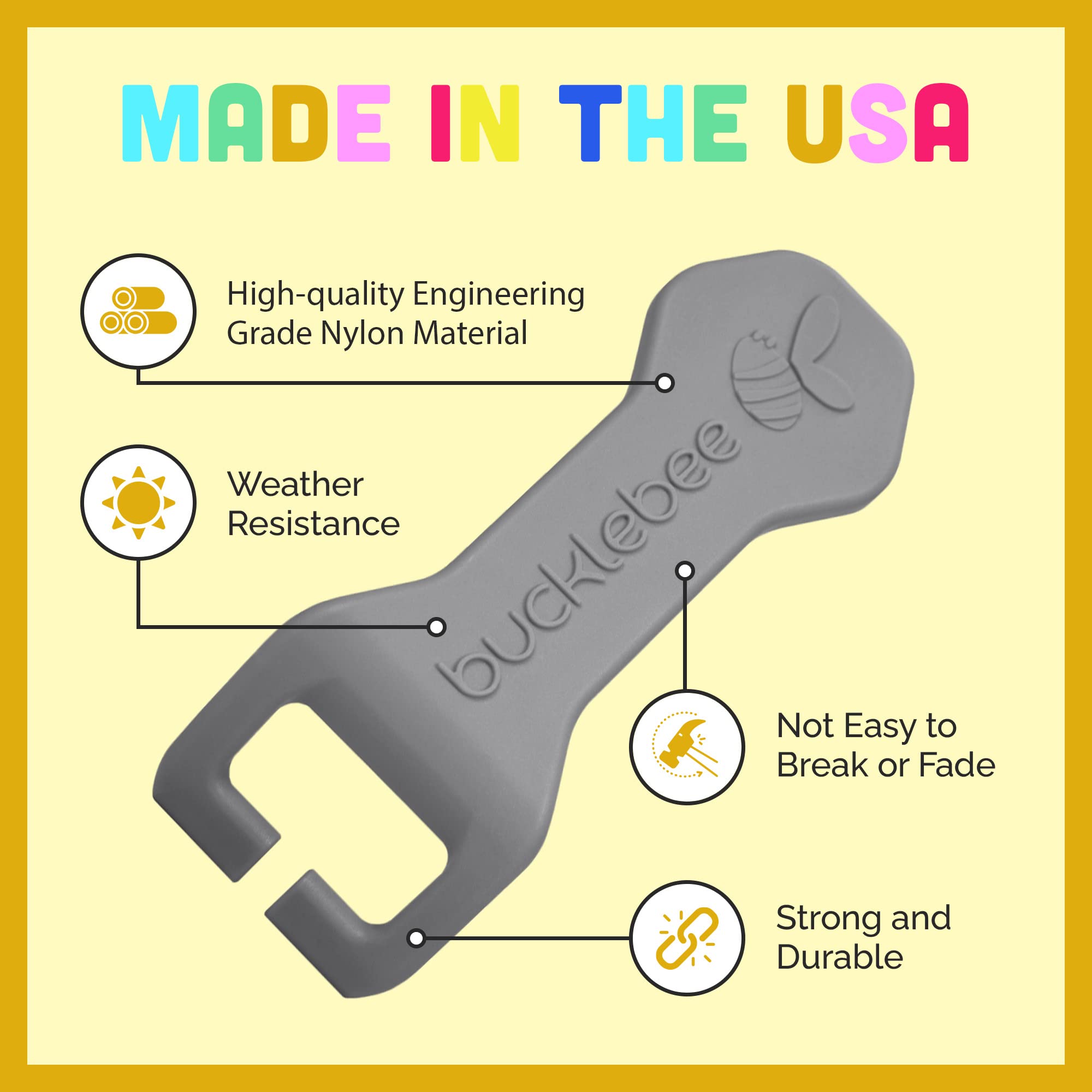 Bucklebee crash-tested buckle aid gray designed to prevent unintended unbuckling during impact.