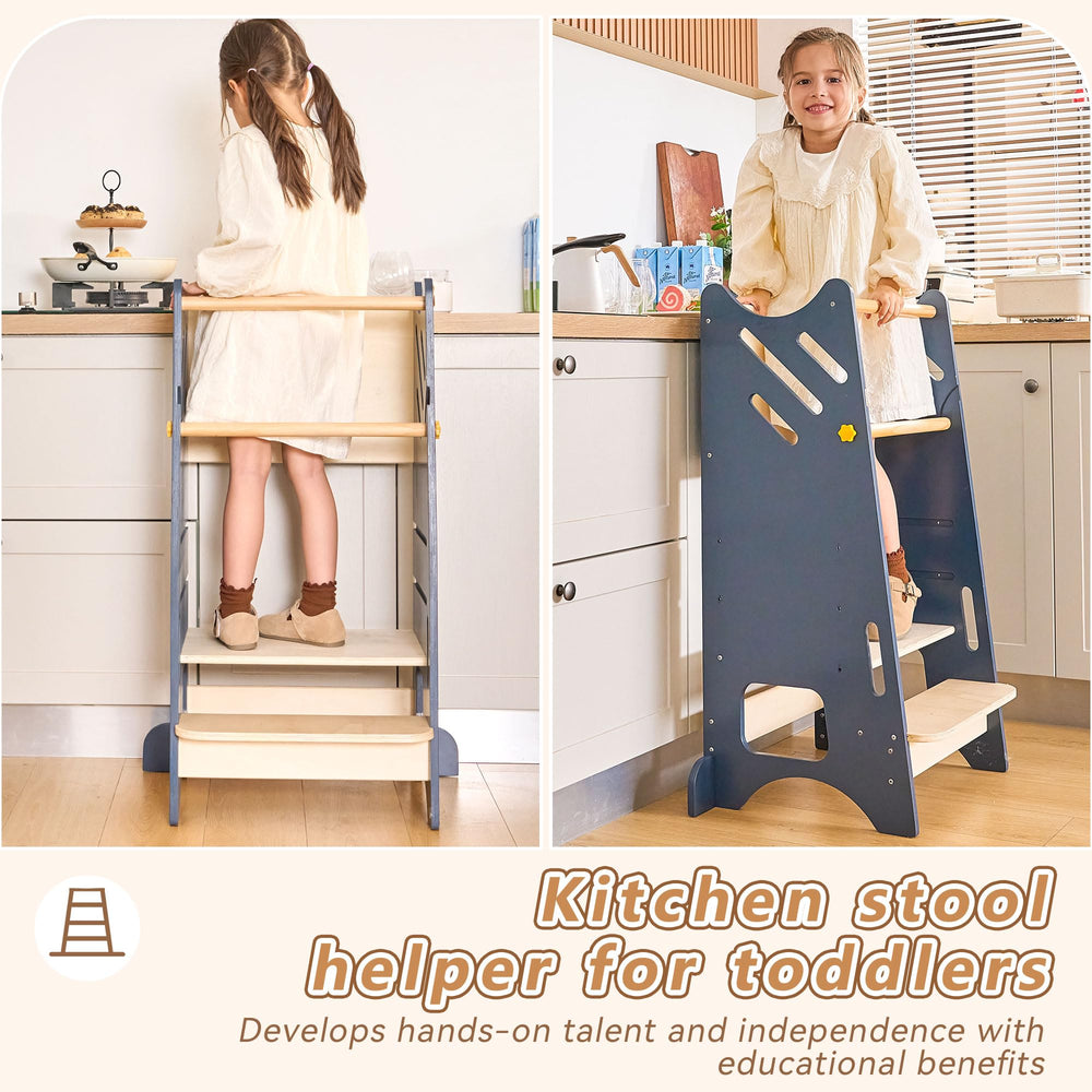 BUDDGO Toddler Standing Tower featuring a chalkboard encourages learning during prep.