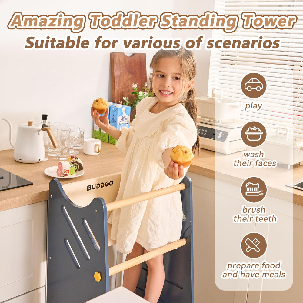 BUDDGO Toddler Standing Tower supports multi-use play and daily chores.