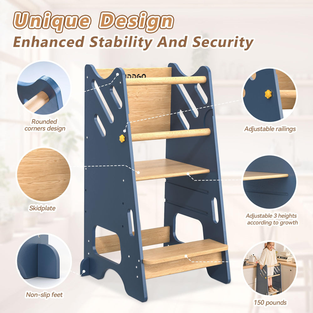 BUDDGO Toddler Standing Tower with three adjustable heights helps reach countertops safely.