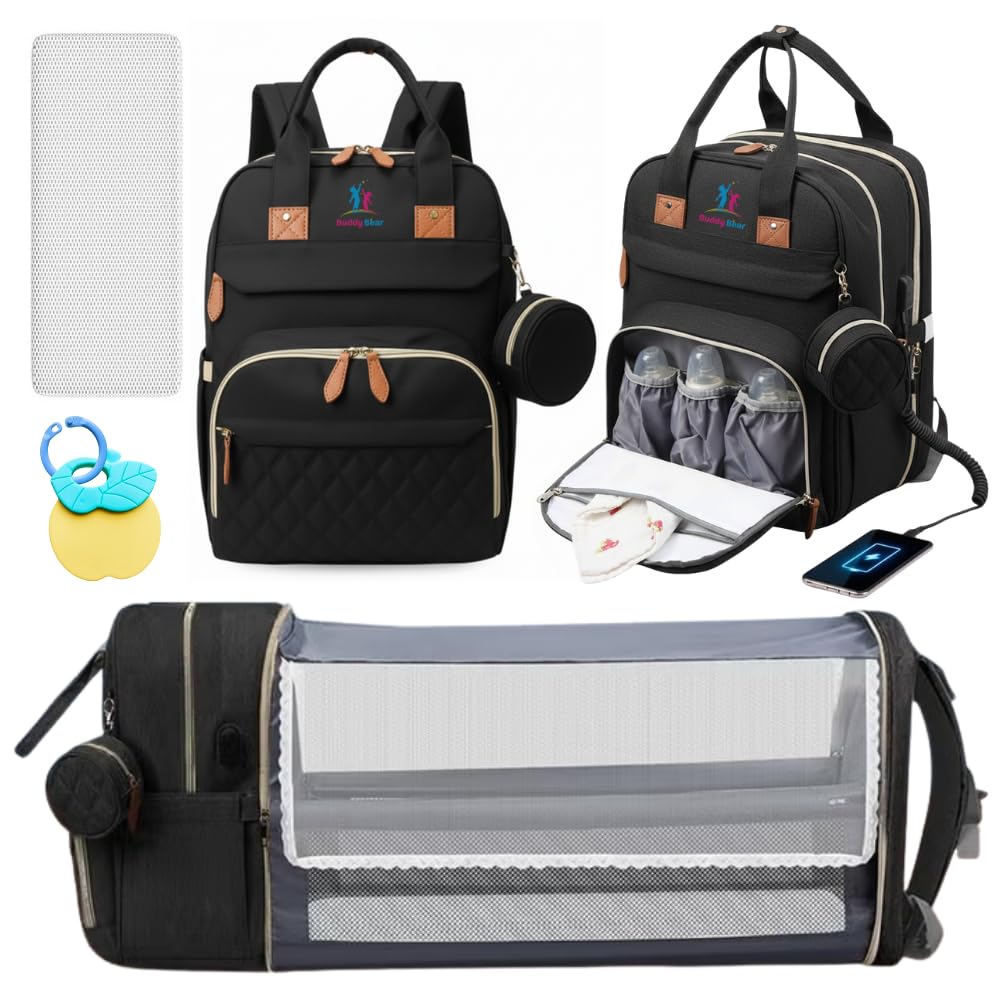 Buddy Bear diaper bag backpack changing station in use for on-the-go changes.
