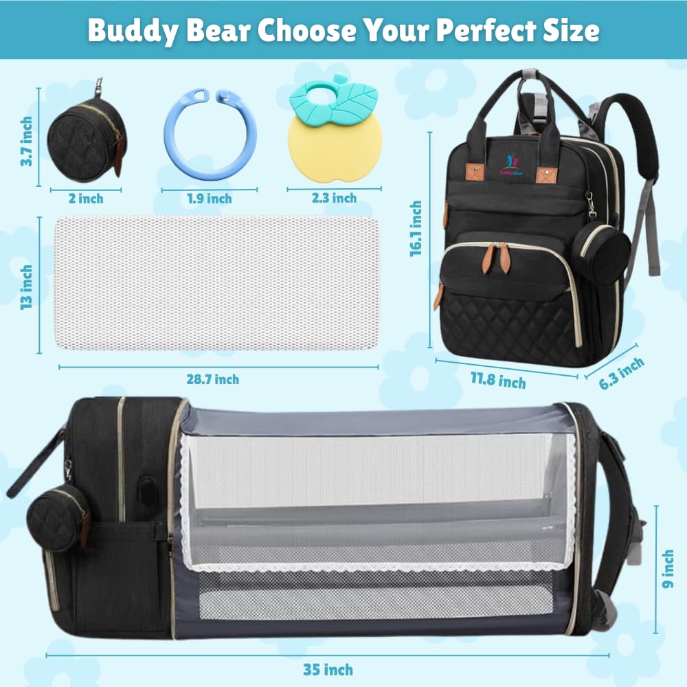 Buddy Bear diaper bag backpack stroller straps support hands-free carrying.