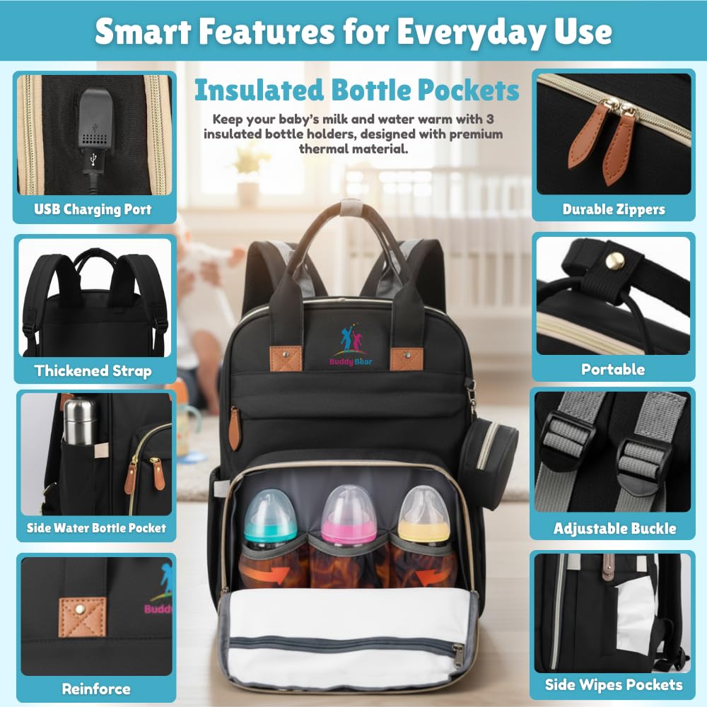 Buddy Bear diaper bag backpack USB port enables on-the-go device charging.