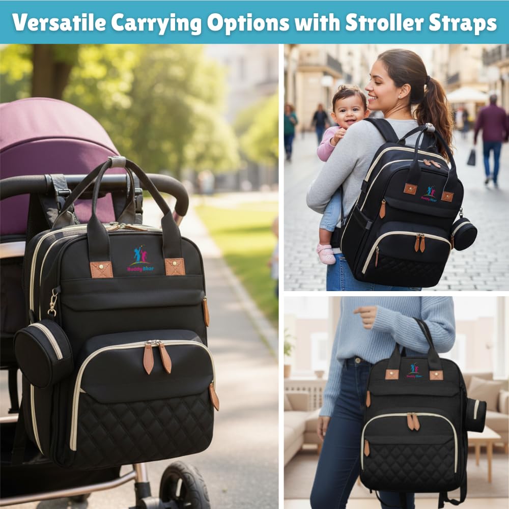 Buddy Bear diaper bag backpack waterproof fabric resists wear and cleans easily.