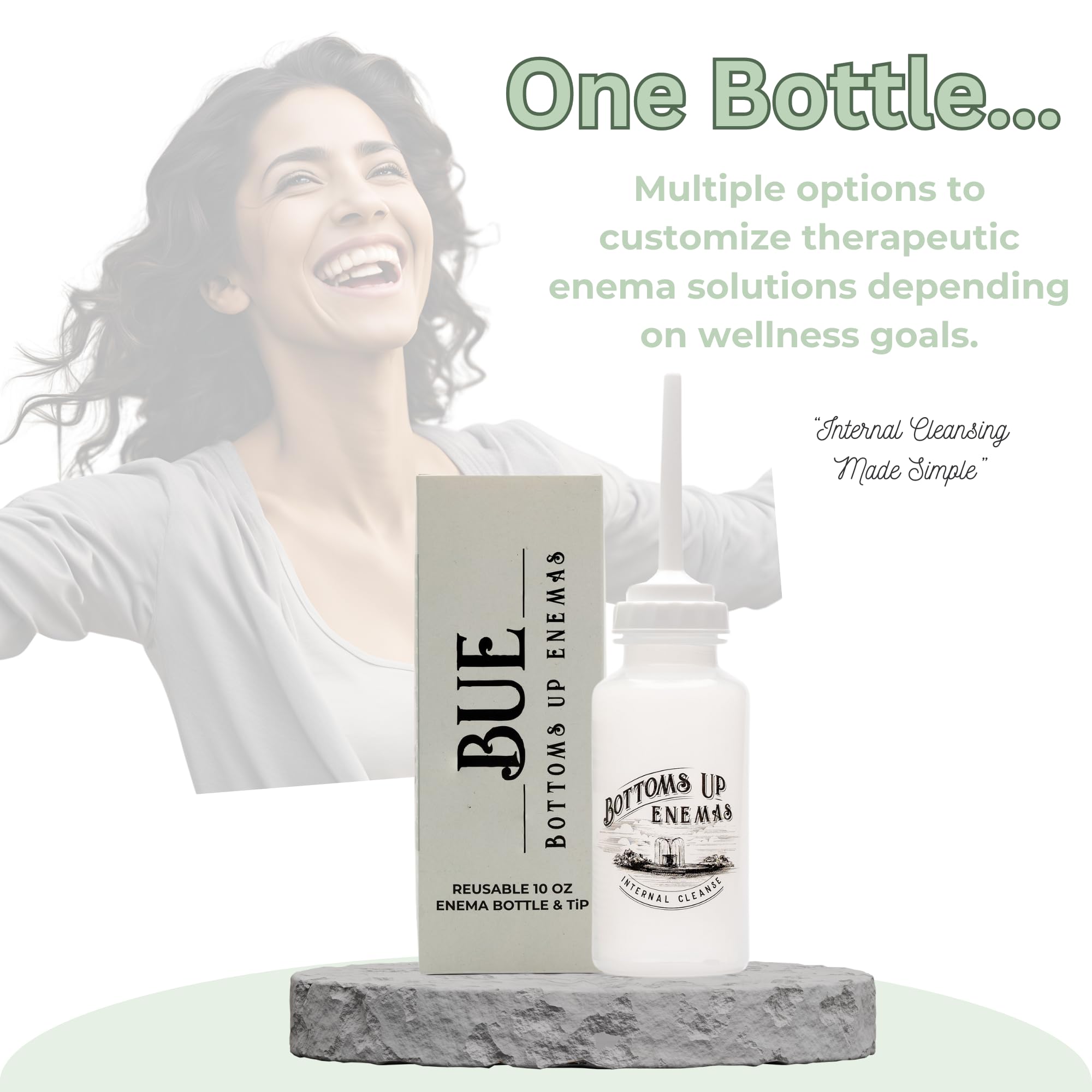 Bottoms Up Enemas BUE tip stored inverted inside the bottle for clean storage.
