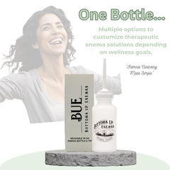 Bottoms Up Enemas BUE tip stored inverted inside the bottle for clean storage.