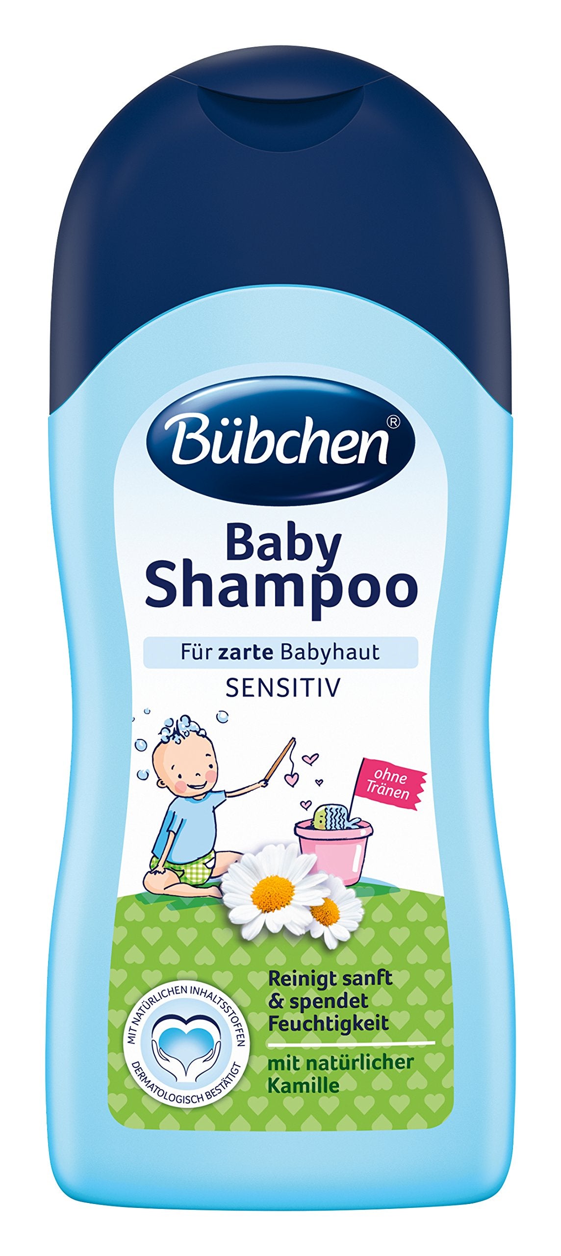 Bübchen baby shampoo bottle with chamomile and wheat protein for gentle cleansing.