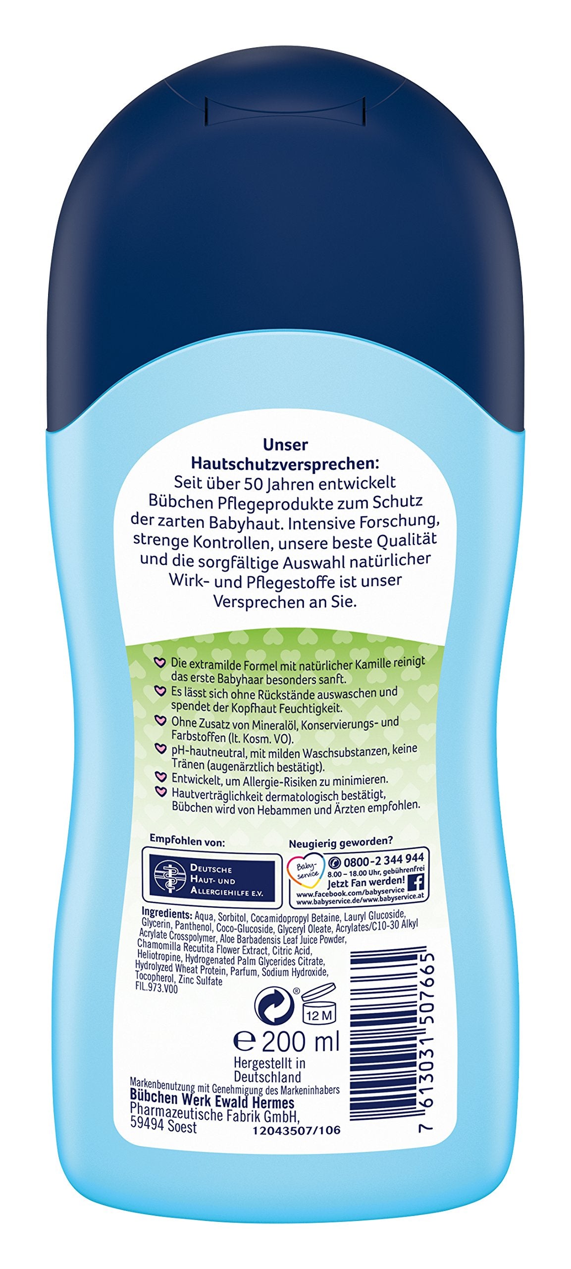 Bübchen shampoo close-up shows light lather for gentle cleansing of delicate hair.