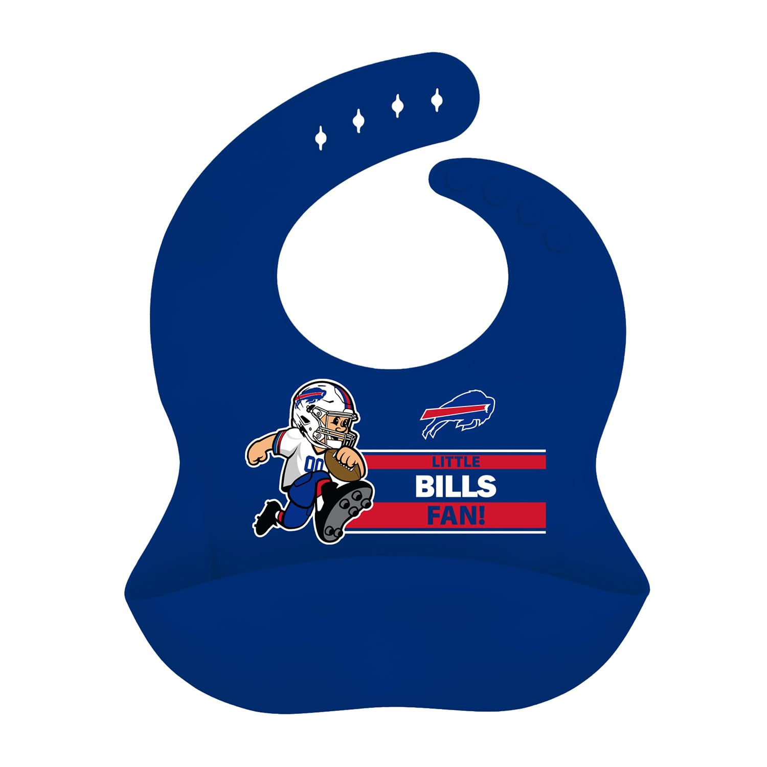 Buffalo Bills silicone bib on baby for mess-free feeding and team spirit.