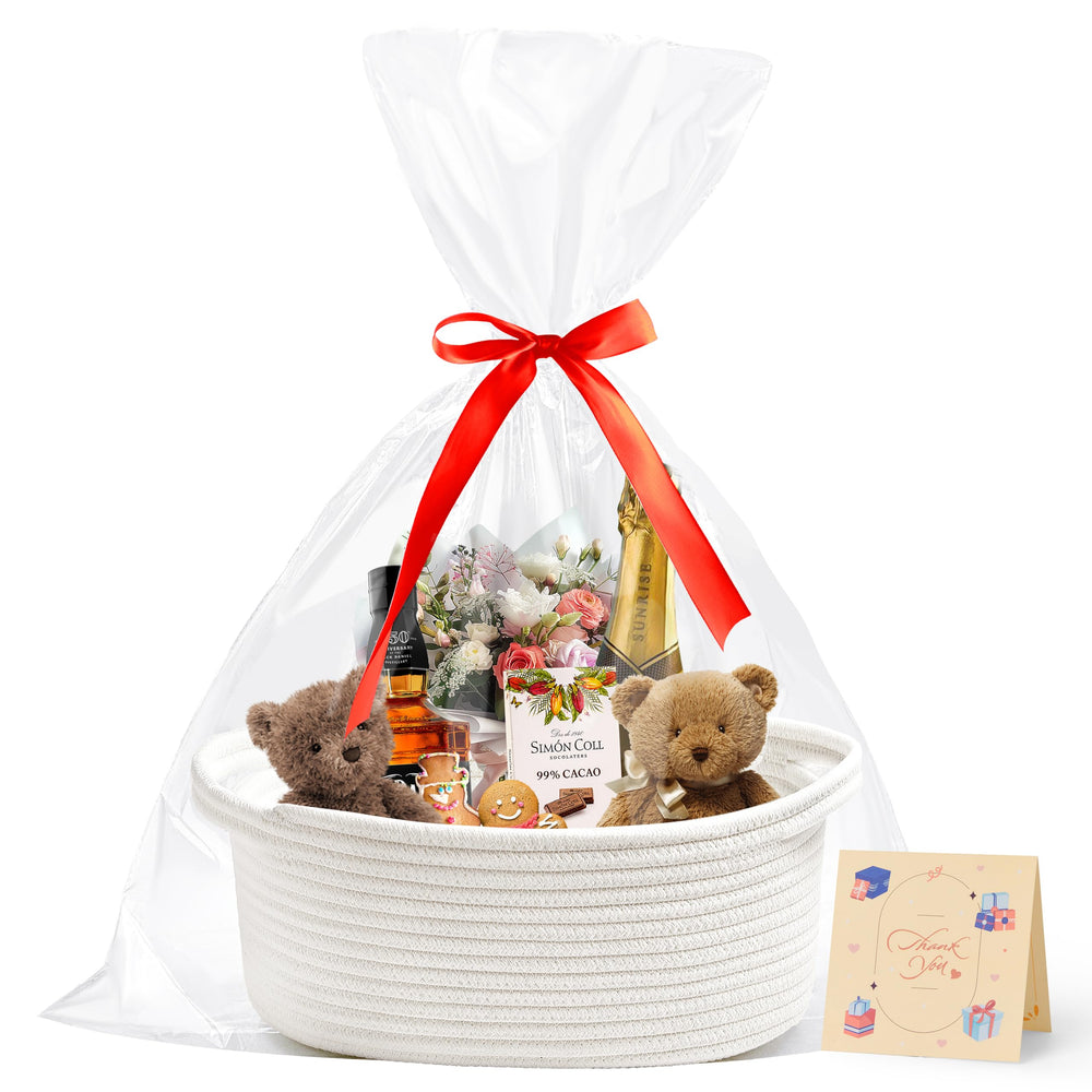 Bufims small woven white basket with gift bag for easy gifting.