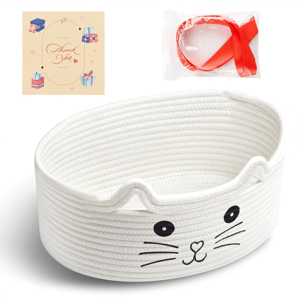 Bufims small woven cat gifts basket with storage keeps cat toys neatly organized.