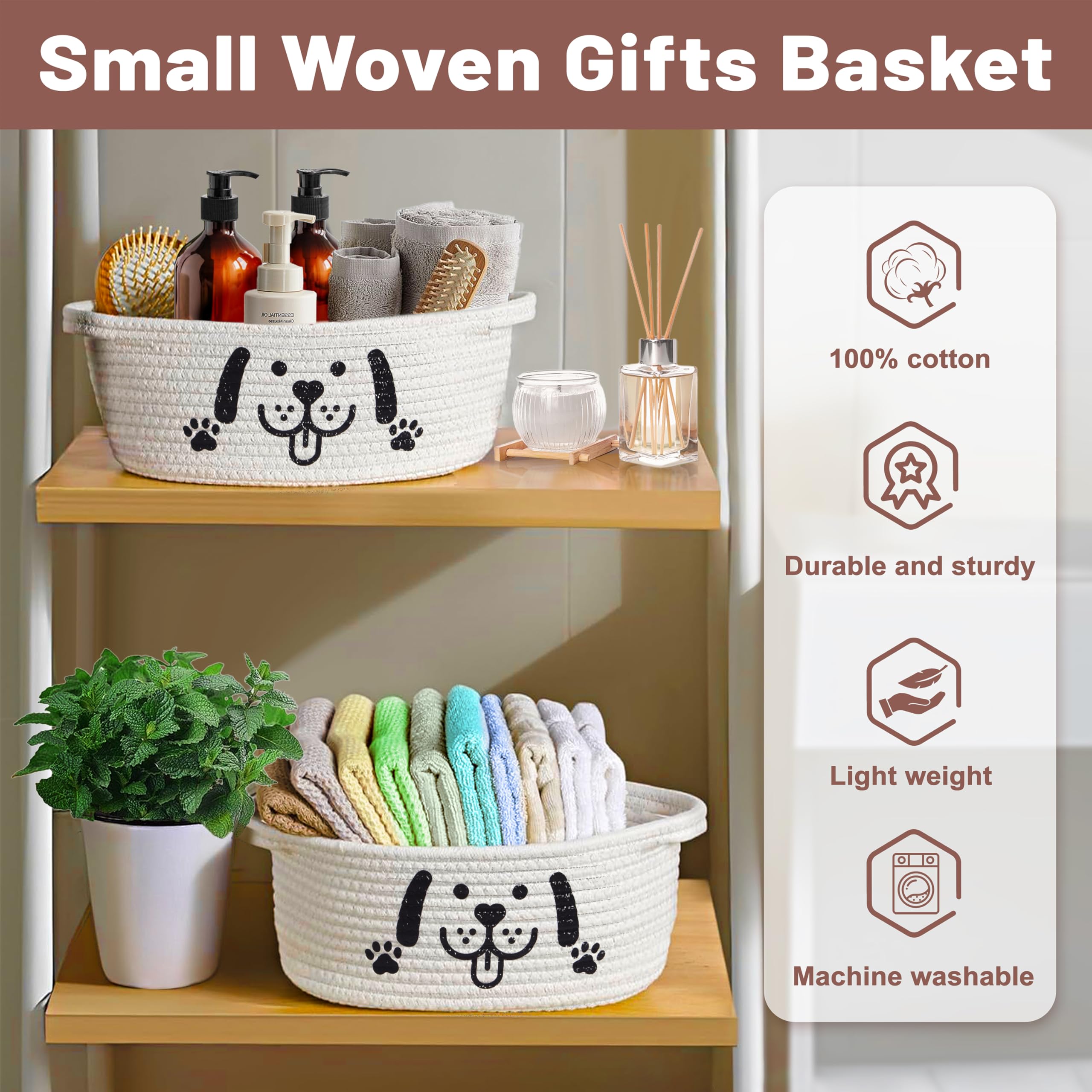 Bufims small woven dog gifts basket provides sturdy organization with a charming, pet-friendly look.