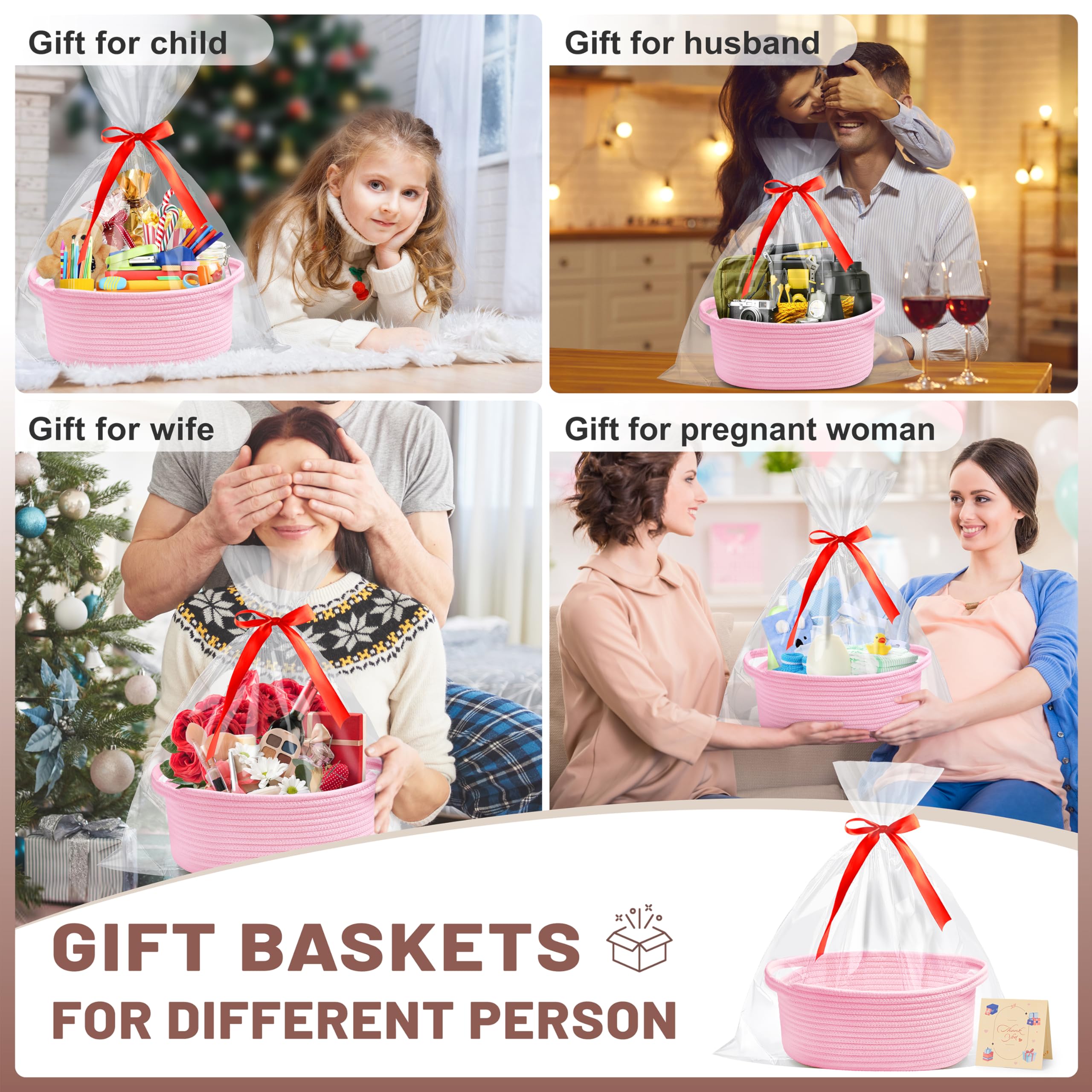 Bufims small woven pink gift basket with ribbon, ready-to-gift presentation.